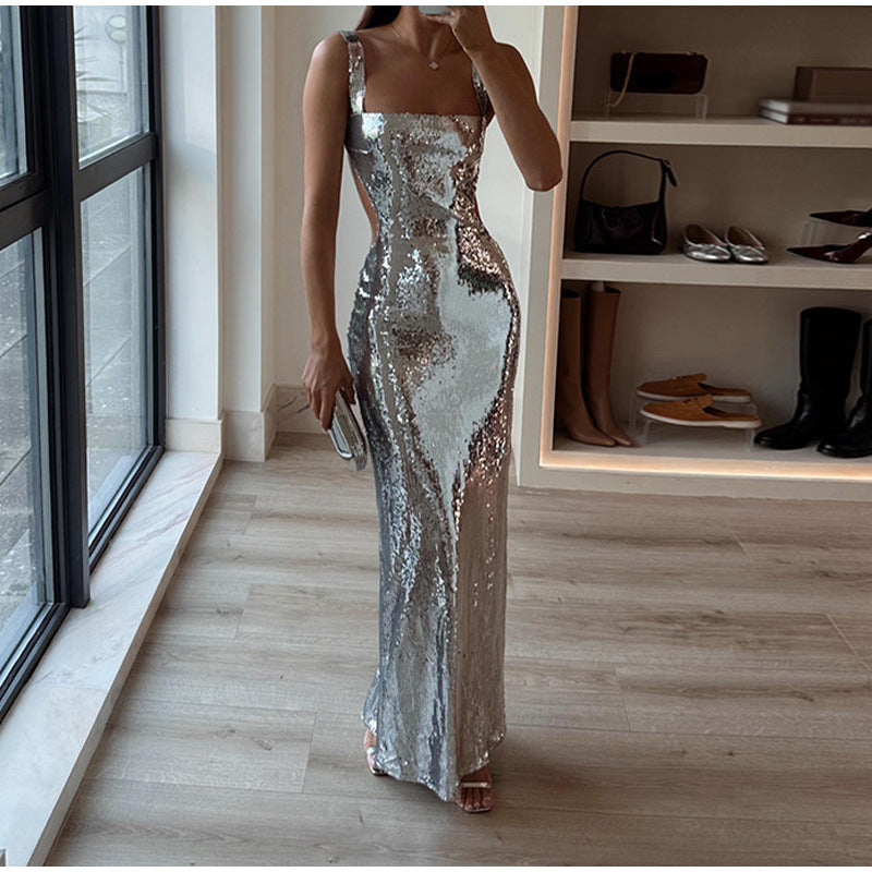 Sequin Square Neck Wide Strap Side Cut Out Bodycon Maxi Dress