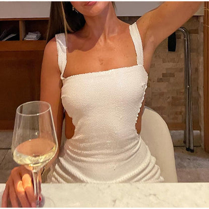 Sequin Square Neck Wide Strap Side Cut Out Bodycon Maxi Dress