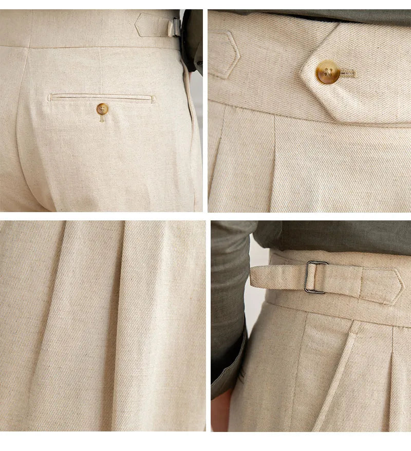 High Waist Pleated Trousers | Cotton Linen Blend | Straight Fit