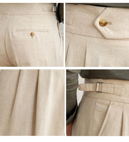 High Waist Pleated Trousers | Cotton Linen Blend | Straight Fit