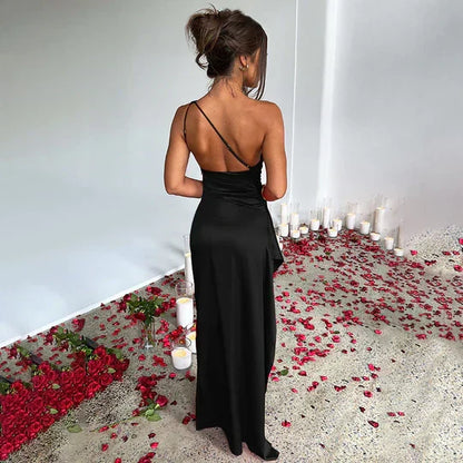 Satin One-Shoulder Ruched Bodice High Slit Column Maxi Gown