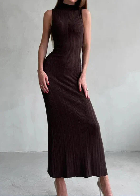 Mock Neck Rib Knit Sleeveless Bodycon Maxi Dress