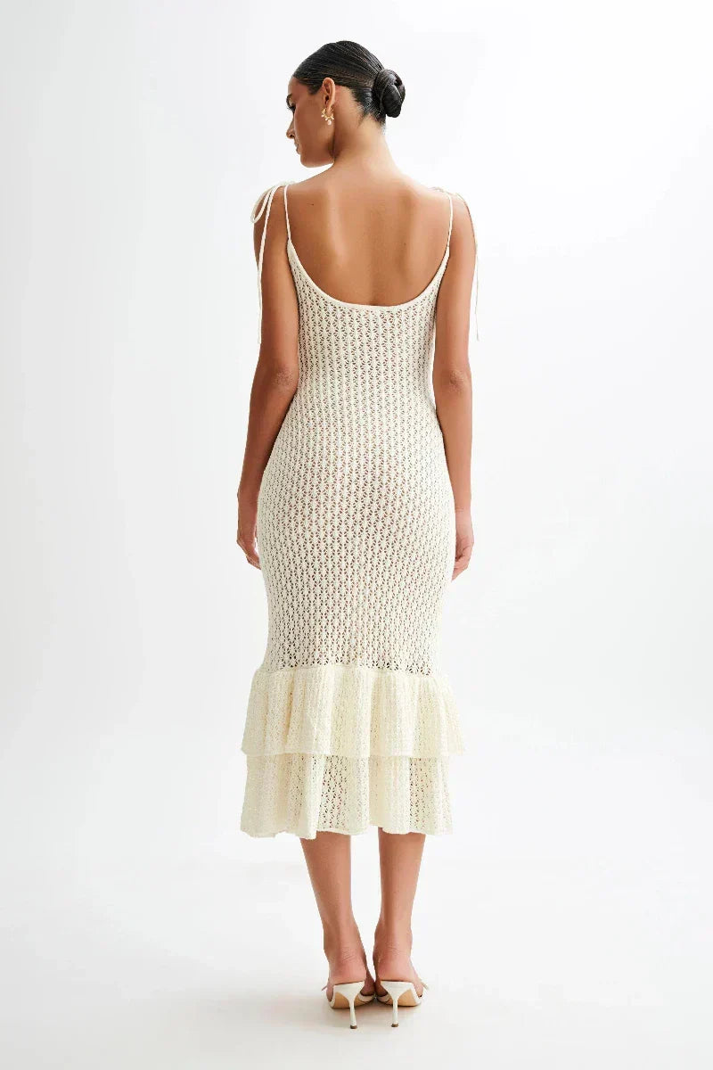 Crochet Knit Tie Shoulder Scoop Neck Tiered Ruffle Hem Midi Dress