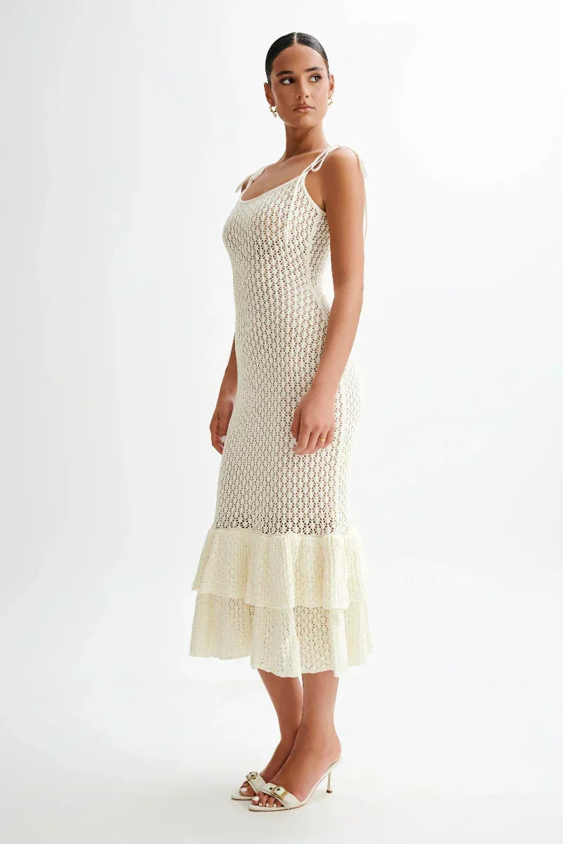 Crochet Knit Tie Shoulder Scoop Neck Tiered Ruffle Hem Midi Dress