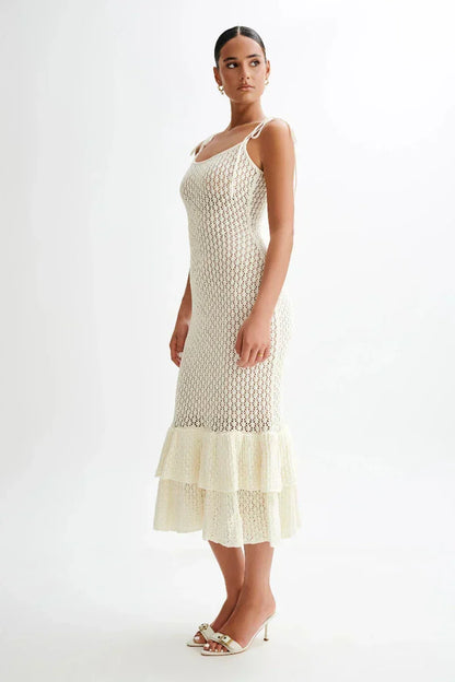 Crochet Knit Tie Shoulder Scoop Neck Tiered Ruffle Hem Midi Dress