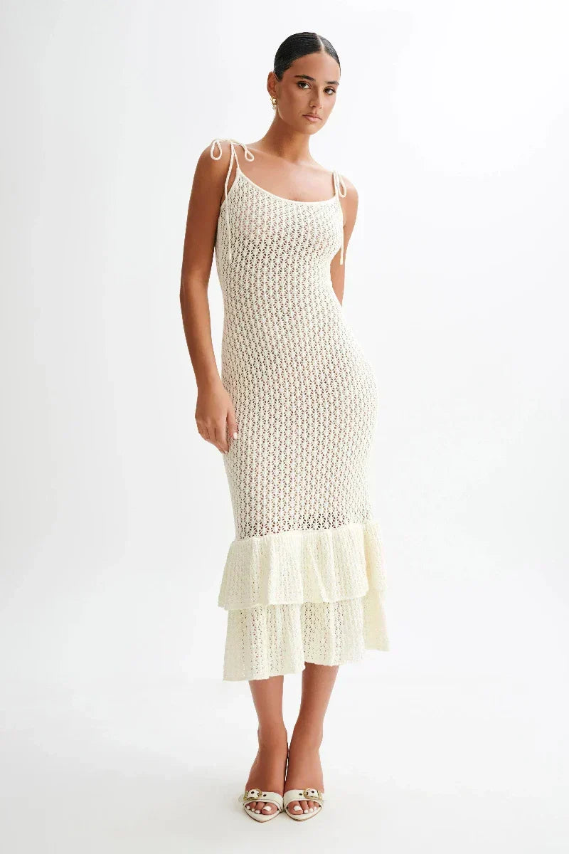 Crochet Knit Tie Shoulder Scoop Neck Tiered Ruffle Hem Midi Dress