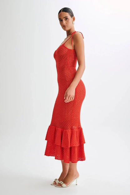 Crochet Knit Tie Shoulder Scoop Neck Tiered Ruffle Hem Midi Dress