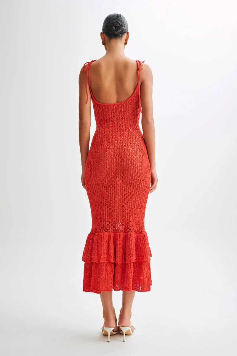 Crochet Knit Tie Shoulder Scoop Neck Tiered Ruffle Hem Midi Dress