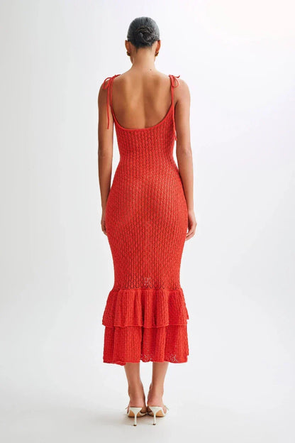 Crochet Knit Tie Shoulder Scoop Neck Tiered Ruffle Hem Midi Dress
