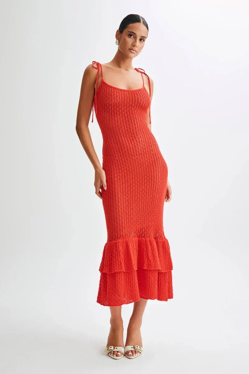 Crochet Knit Tie Shoulder Scoop Neck Tiered Ruffle Hem Midi Dress