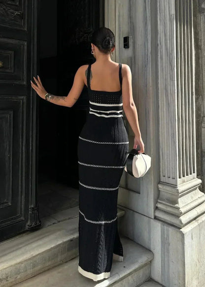 Halter Contrast Trim Pointelle Knit Side Slit Maxi Dress