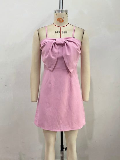 Mini Dresses Pink Sleeveless Bows Short Dress
