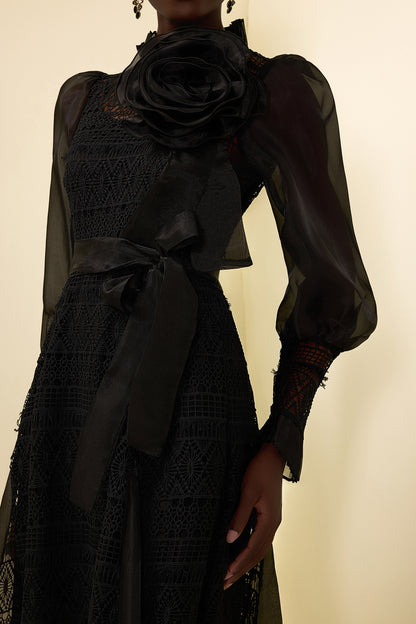 3D Flower Lace Puff Sleeve Midi Dress Black