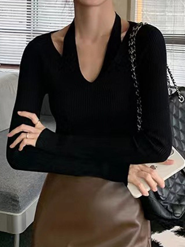 Solid V Neck Halter Long Sleeve Knit