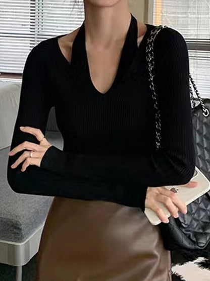 Solid V Neck Halter Long Sleeve Knit