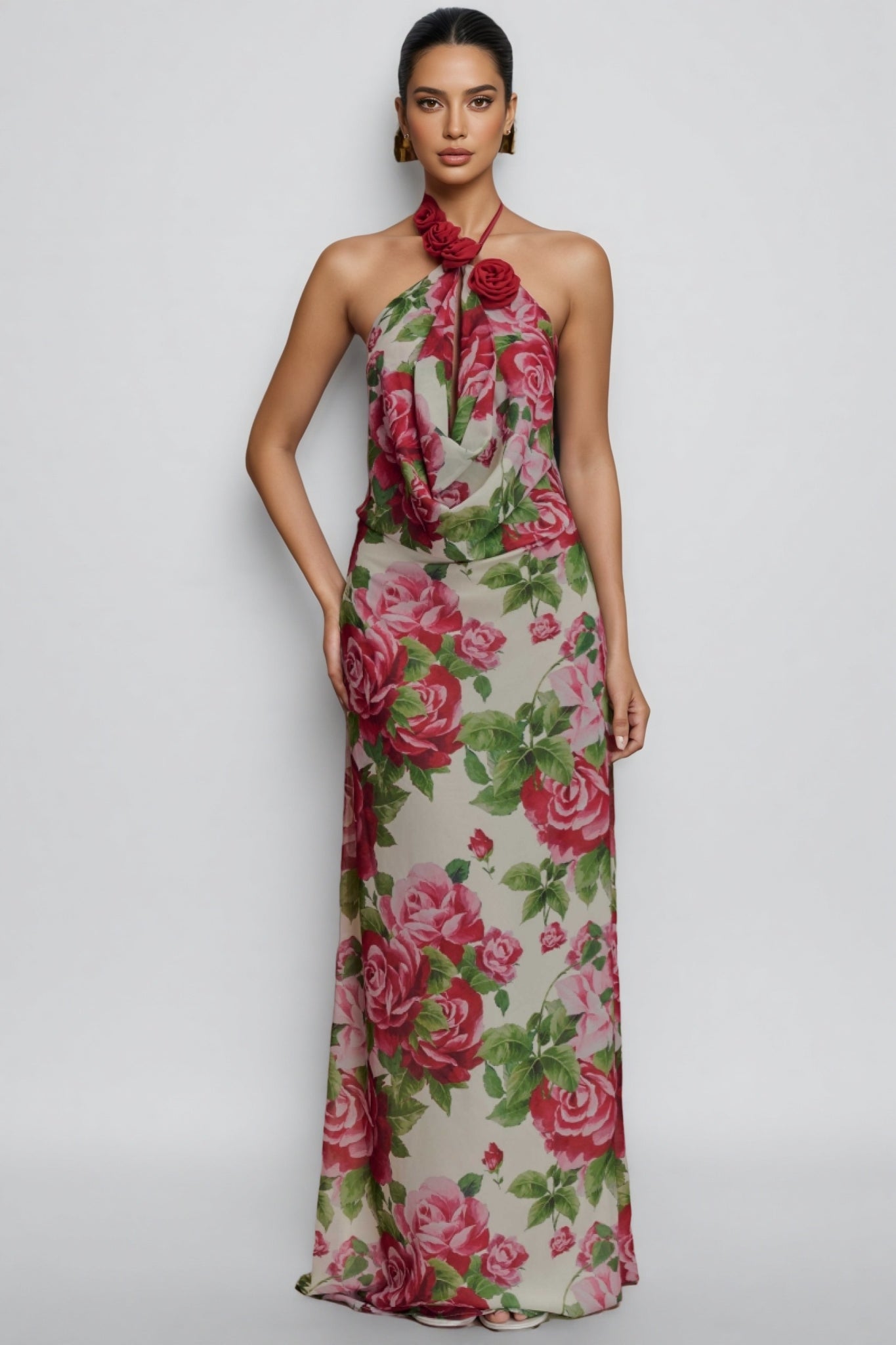 Ysraela Cowl Neck 3D Floral Maxi Dress