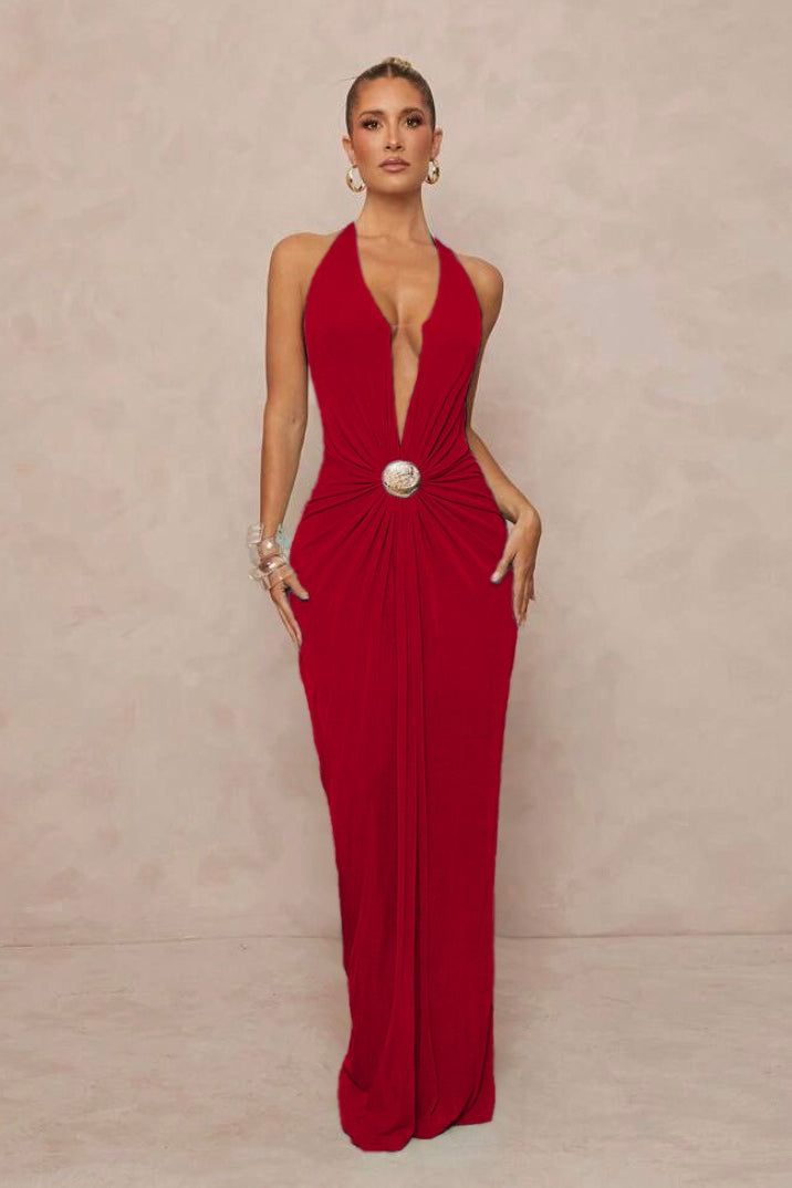 | Deep V Halter Ruched Backless Maxi Dress