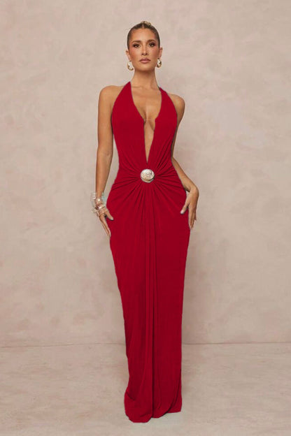 | Deep V Halter Ruched Backless Maxi Dress