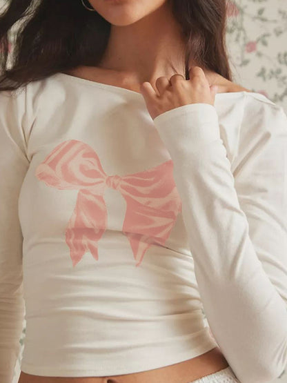 Bow Print Backless Long Sleeve Tee
