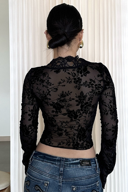 Printed Mesh Ruffled Sheer Chic Sexy Crop Top