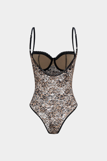 Leopard Print Lace Patchwork Backless Sleeveless Bodysuit