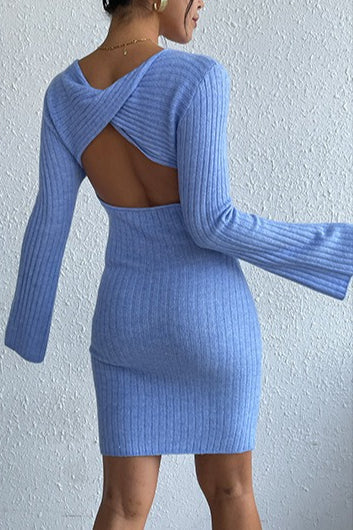Rib Knit Scoop Neck Flare Sleeve Backless Bodycon Mini Sweater Dress