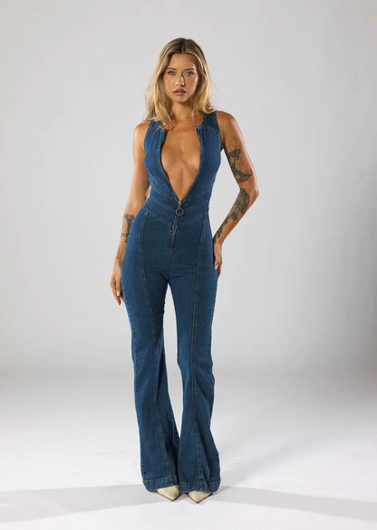 | Fitted Denim Jumpsuit with Plunge Neck and Flared Legs