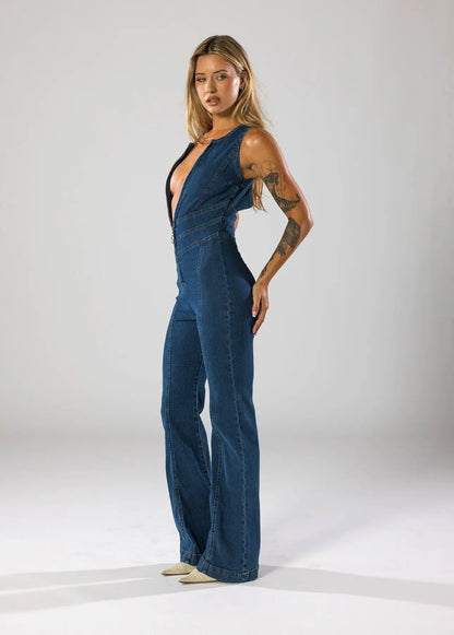 | Fitted Denim Jumpsuit with Plunge Neck and Flared Legs