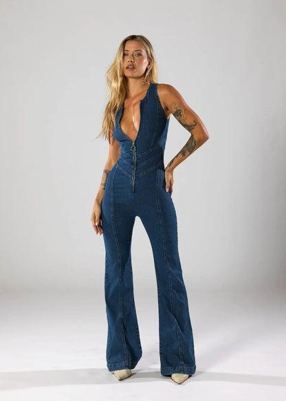 | Fitted Denim Jumpsuit with Plunge Neck and Flared Legs