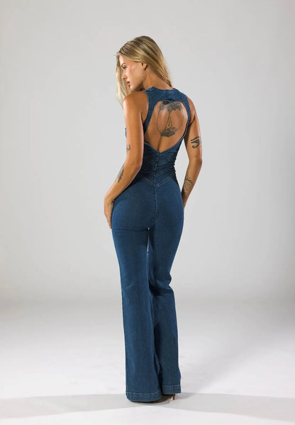 | Fitted Denim Jumpsuit with Plunge Neck and Flared Legs