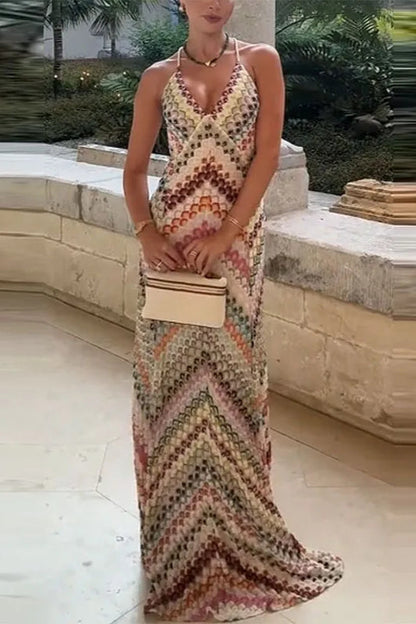 Contrast Color V-Neck Boho Dress
