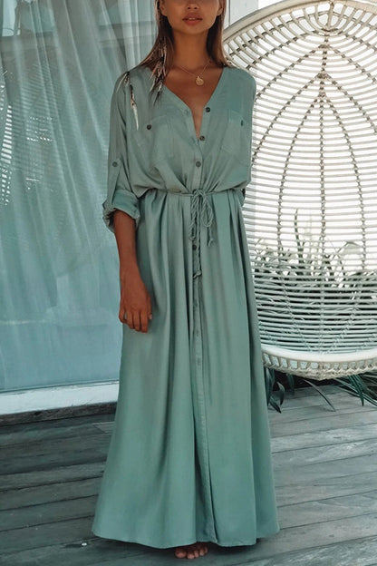 Cotton Blend Waist Tie Button Maxi Dress