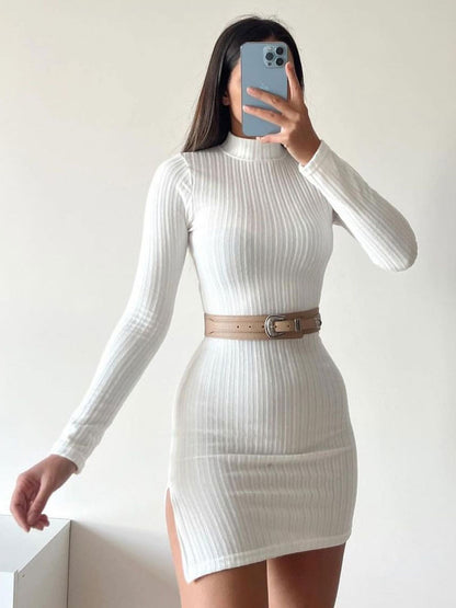 Classic Mini Dress Mock Neck Long Sleeves Ribbed Fall Winter Dresses