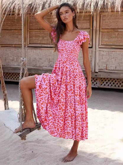 Smocked Dress Printed Flutter Sleeves Elastic Bust Vacation Casual Midi Dresses