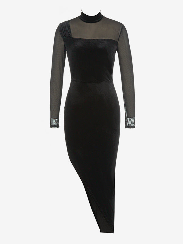 Velvet Dress Dark Green Split Front Stand Collar Long Sleeves Summer Sexy Backless Midi Dress