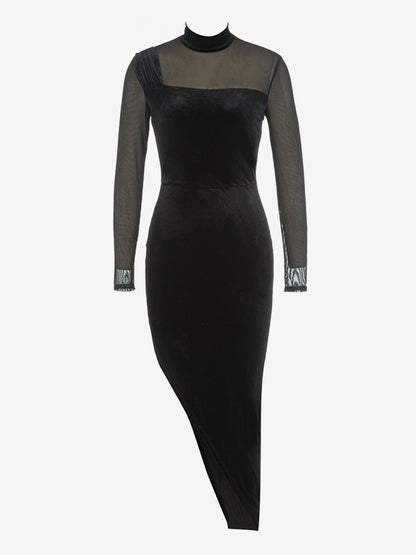 Velvet Dress Dark Green Split Front Stand Collar Long Sleeves Summer Sexy Backless Midi Dress