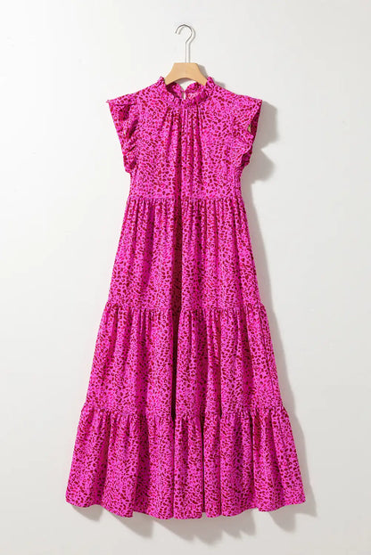 rose red leopard ruffle maxi dress