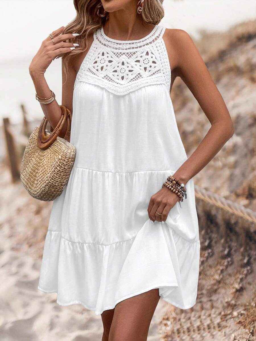 Crochet Lace Yoke Halter Neck Tiered Ruffle Hem Mini Dress