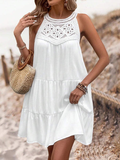 Crochet Lace Yoke Halter Neck Tiered Ruffle Hem Mini Dress