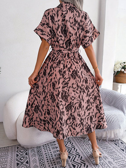 Loose Short Sleeves Leopard Ribbed Lapel Midi Dresses