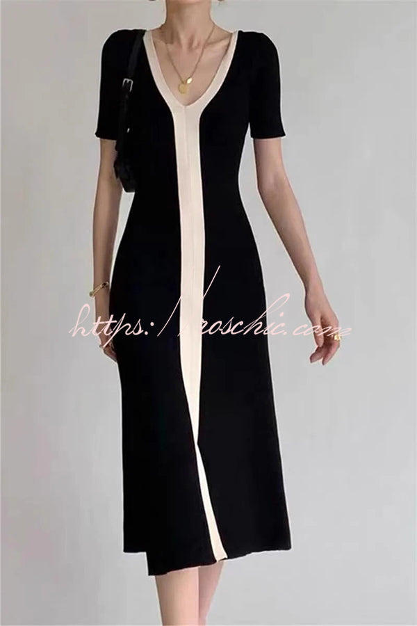 Fashionable V-neck Slim Fit Waist Knitted Midi Dress