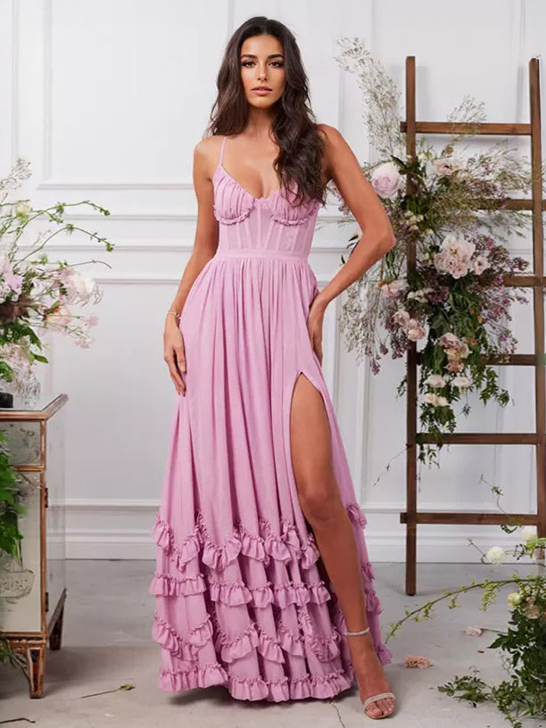 Pink Layered Ruffles Maxi Party Dress High Slit Strap Dress 2026