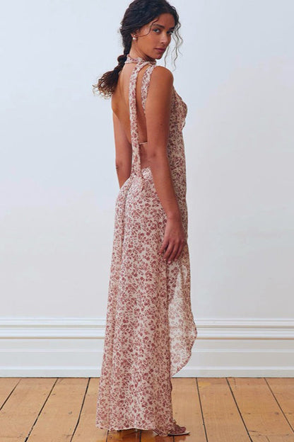 Ditsy Floral Halter Tie Back Open Back Maxi Dress