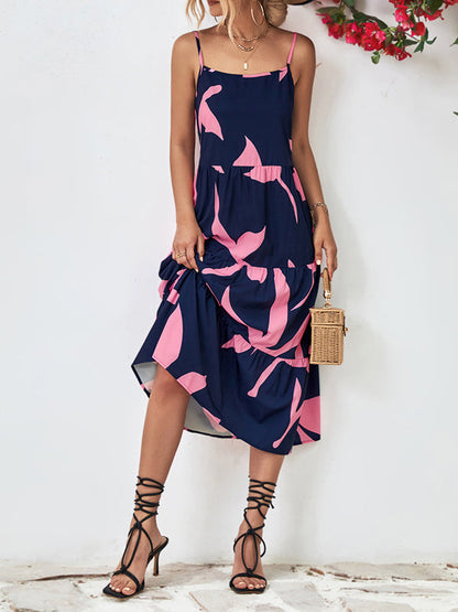 Loose Sleeveless Contrast Color Floral Printed Spaghetti-Neck Midi Dresses