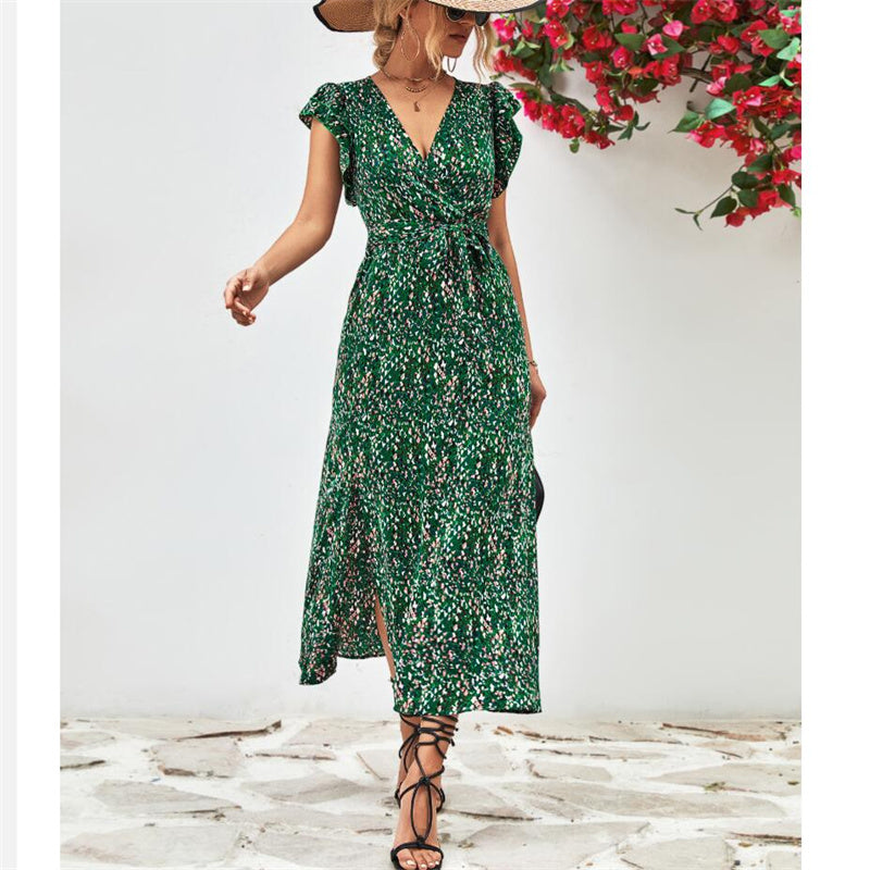 Stylish V-Neck Split Print Maxi Dress Available in Colors