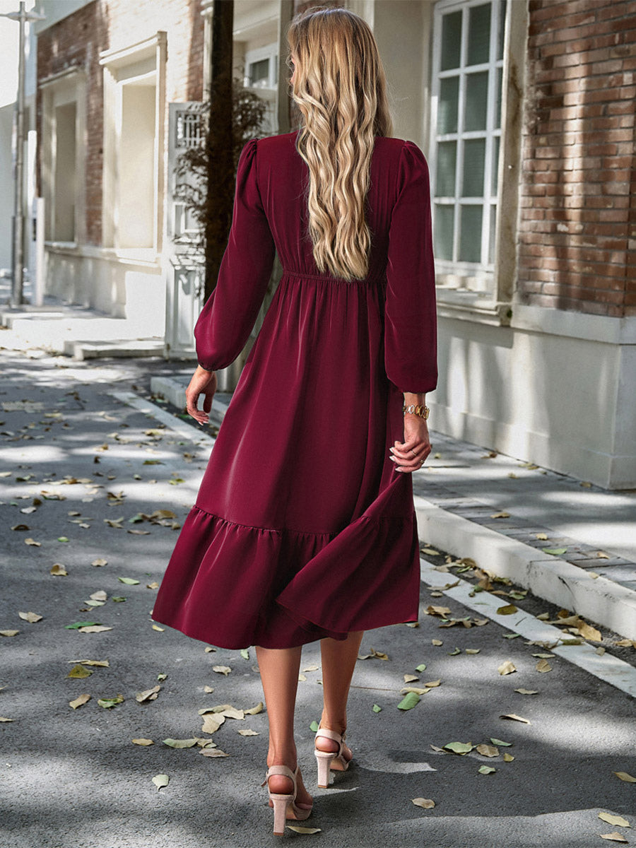 Midi Dress V Neck Lantern Sleeves Pleated Flared Daily Casual Dresses