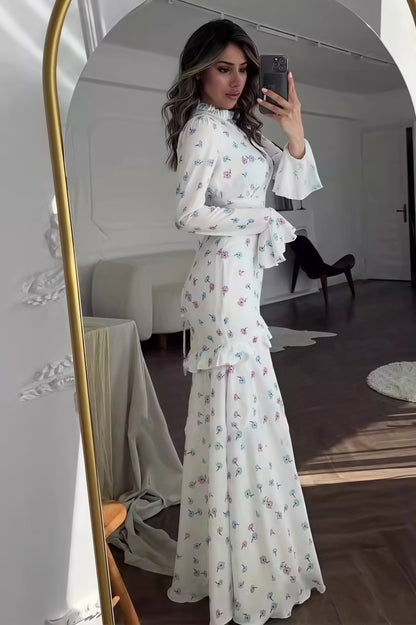 Ruffle Mock Neck Bell Cuff Hip Tier Ditsy Floral A-Line Maxi Dress