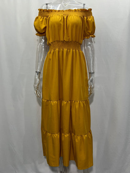 Off Shoulder Smocked Maxi Dress For Women - Boho Tiered A-Line Beach Gown with Puffy Sleeves - Summer Vacation 2026