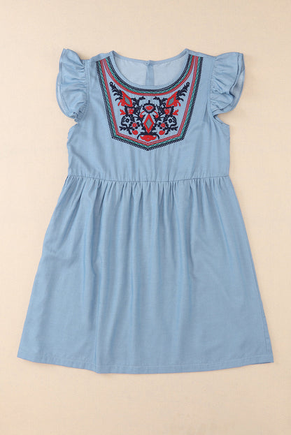 Sky Blue Floral Embroidered Ruffled Sleeve Mini Dress
