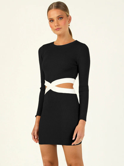 Two-Tone Knitted Dress Cutout Round Neck Long Sleeves Casual Mini Dresses